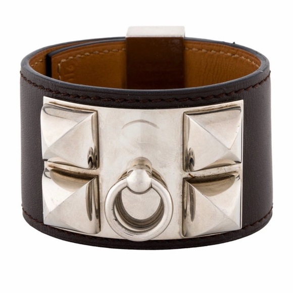 Hermes Accessories - Hermès Collier de Chien CDC Bracelet Palladium Brown Leather Size M